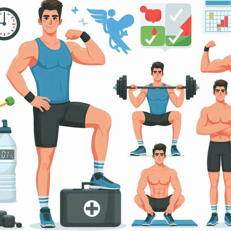Fitness and bodybuilding sport icons set with muscular man doing exercises vector illustrationのイラスト素材