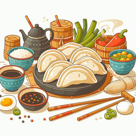 Illustration of Chinese dumplings with soy sauce and chopsticksのイラスト素材