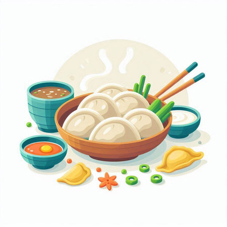 Vector illustration of Chinese steamed dumplings in a bowl with chopsticks, soy sauce and ginger.のイラスト素材