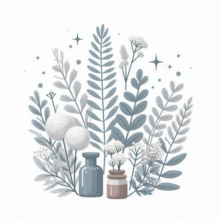 Cute hand drawn vector illustration with flowers, leaves and bottles.のイラスト素材