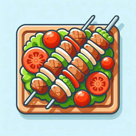 Grilled meat on skewers with tomatoes and cucumbers. Vector illustration in cartoon styleのイラスト素材