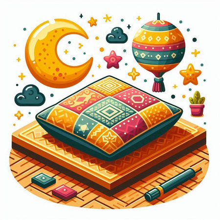 Illustration of an Isometric Bedroom Decorated with Quiltのイラスト素材