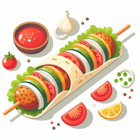 Vector illustration of kebab on skewers with vegetables and sauceのイラスト素材