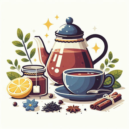 Cup of tea with teapot and honey. Vector illustrationのイラスト素材