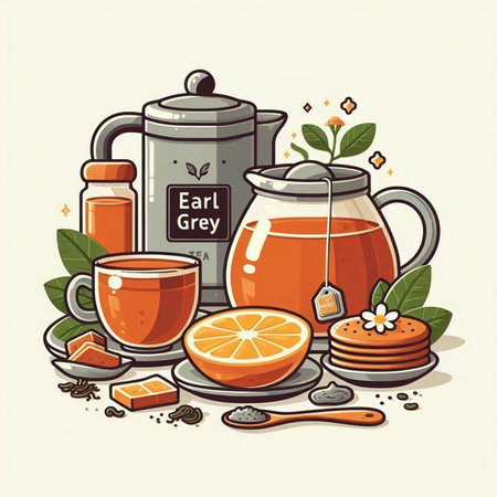 Tea time. Vector illustration of a cup of tea with a teapot and a bag of tea.のイラスト素材