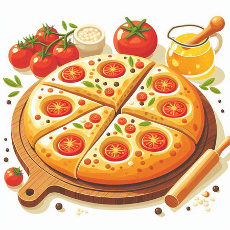 Illustration of a pizza on a wooden board with tomato sauce and spicesのイラスト素材