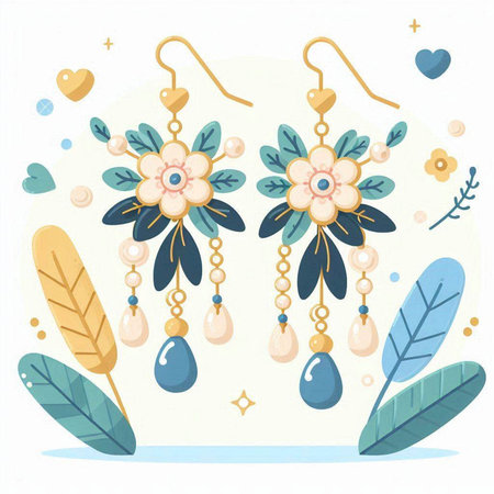 Vector illustration of earrings with feathers and flowers in pastel colorsのイラスト素材
