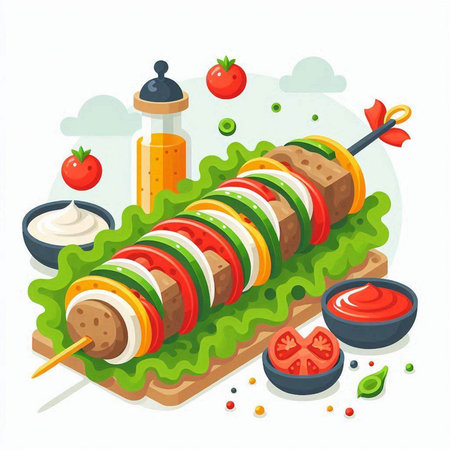 Grilled kebab on skewer with vegetables and sauce. Vector illustration.のイラスト素材