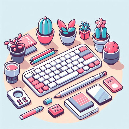Flat isometric vector illustration of a workplace with a computer keyboard, a smartphone, a cactus and other items.のイラスト素材