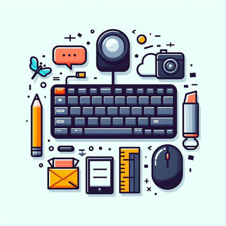 Flat line design modern vector illustration concept of creative workspace, online education, e-learning, webinar, video conference.のイラスト素材