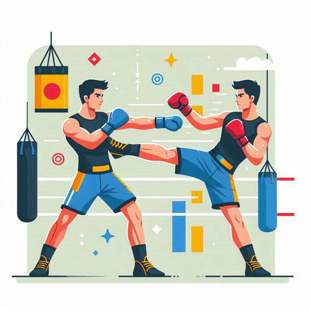 Boxer training with punching bag. Vector illustration in cartoon style.のイラスト素材