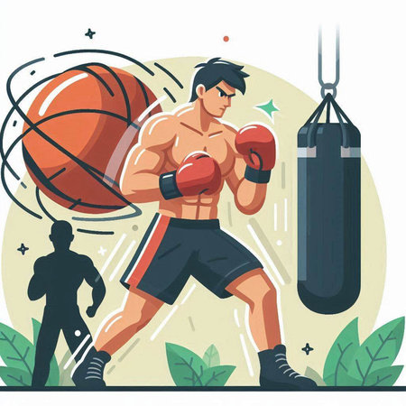 Boxer training with punching bag and ball. Flat style vector illustration.のイラスト素材