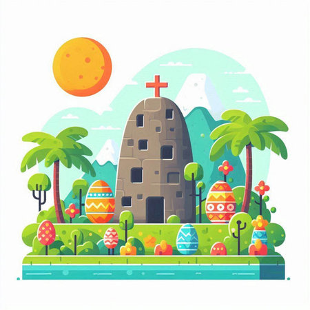 Easter vector illustration. Cute cartoon landscape with castle, eggs, palms, sun, mountains and river. Holiday background.のイラスト素材