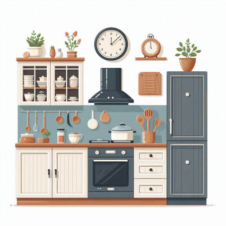 Kitchen interior with furniture and kitchenware. Vector illustration in flat style.のイラスト素材