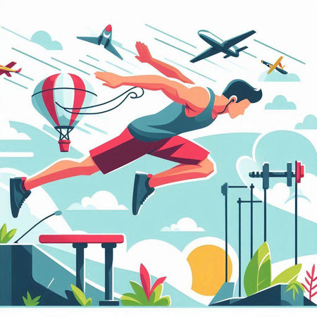 Athletic man jumping over obstacles. Flat style vector illustration.のイラスト素材