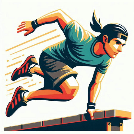 Athletic man is jumping over a hurdle. Vector illustration.のイラスト素材