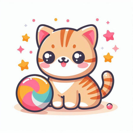 Illustration of a Cute Cat and a Cat Playing with Colorful Ballsのイラスト素材