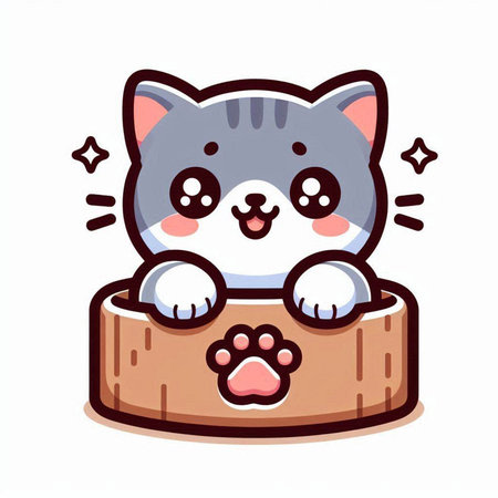 Cute kawaii cat sitting on wooden log. Vector illustration.のイラスト素材