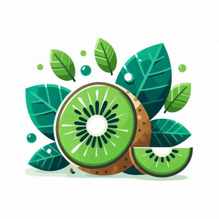 Kiwi fruit with green leaves on white background. Vector illustration.のイラスト素材