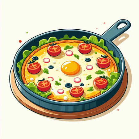 Fried eggs with vegetables in a frying pan. Vector illustration.のイラスト素材