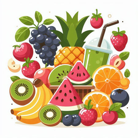 Fruit healthy food vector illustration. Strawberry, blueberry, orange, kiwi, watermelon, pineapple, apple, strawberry, banana, blackberry, orange, watermelon, melonのイラスト素材