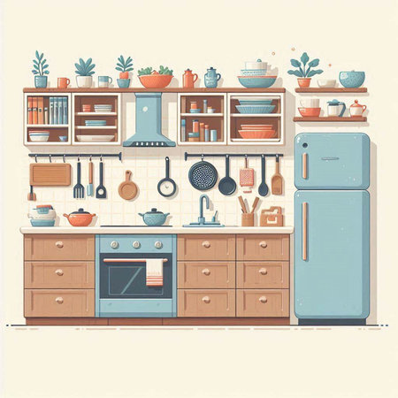 Kitchen interior with furniture. Vector illustration in flat style. Furniture in the kitchen.のイラスト素材
