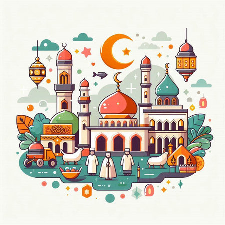 Vector illustration of Ramadan Kareem greeting card with mosque, lanterns and people.のイラスト素材