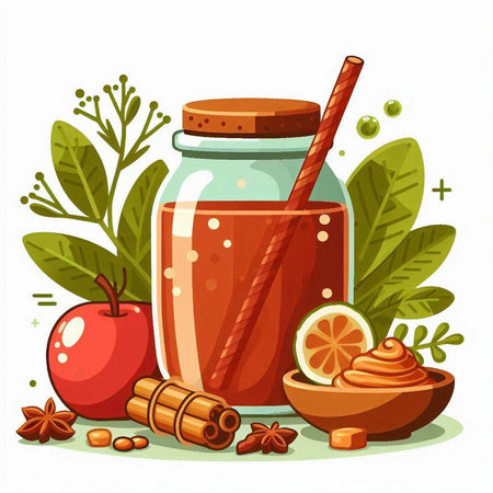 Honey in glass jar with cinnamon stick, apple and star anise. Vector illustrationのイラスト素材