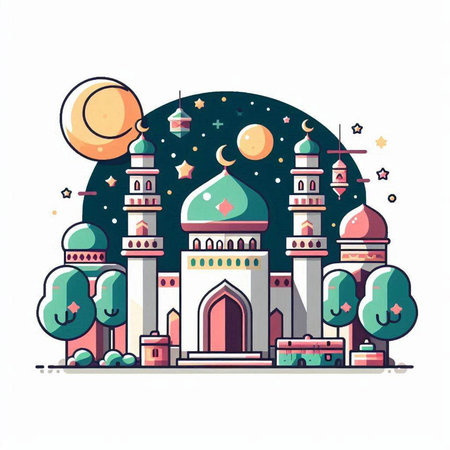 Mosque in flat style. Vector illustration. Ramadan Kareem.のイラスト素材