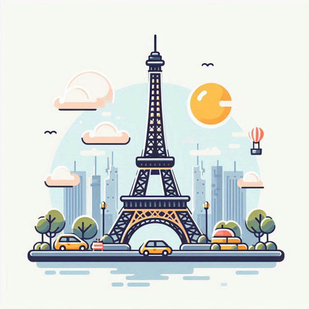Eiffel tower in Paris, France. Vector illustration in flat styleのイラスト素材