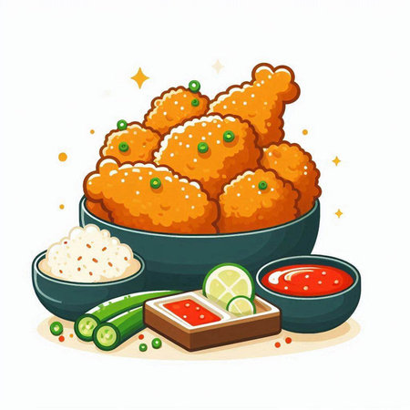 Illustration of fried chicken nuggets with rice and sauce in bowlのイラスト素材