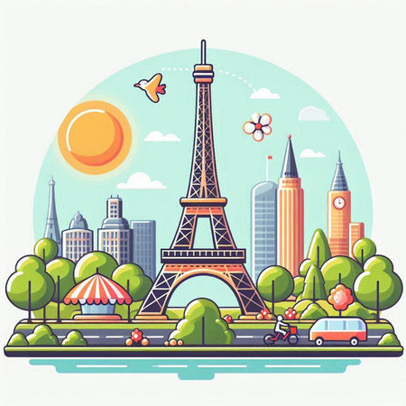 Eiffel tower in Paris, France. Vector illustration in flat styleのイラスト素材