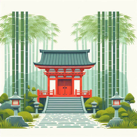 Japanese temple with bamboo background. Vector illustration in flat design style.のイラスト素材