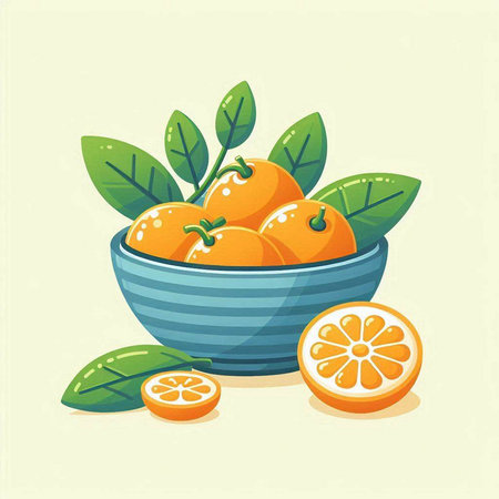 Fresh tangerines with leaves in a bowl. Vector illustration.のイラスト素材