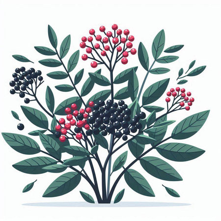 Bouquet of black and red berries with green leaves. Vector illustration.のイラスト素材
