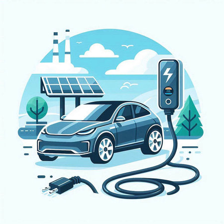 Electric car charging station with solar panels and battery, vector illustration.のイラスト素材
