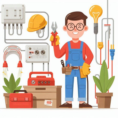 Electrician with tools. Vector illustration in flat style. Repairman.のイラスト素材