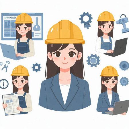 Female engineer with a group of workers on white background. Vector illustration.のイラスト素材