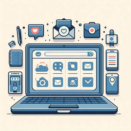 Laptop computer with social media icons. Flat design vector illustration.のイラスト素材