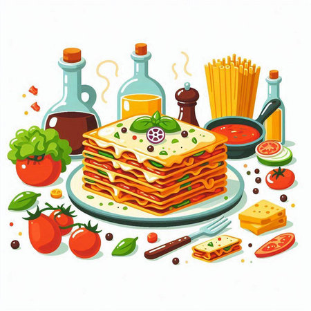 Illustration of lasagna with tomato sauce, basil, cheese and olivesのイラスト素材
