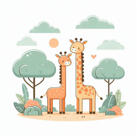 Cute giraffes in the forest. Vector illustration in cartoon style.のイラスト素材