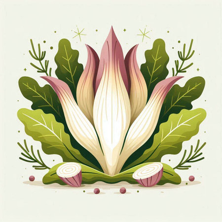 Fresh radicchio with leaves and onion. Vector illustration in retro style.のイラスト素材