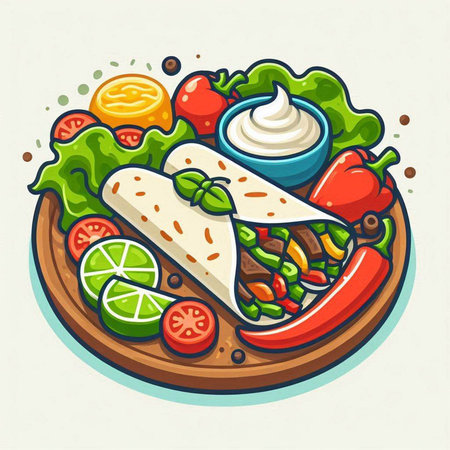 Mexican burrito with vegetables and sauce on wooden board. Vector illustration.のイラスト素材