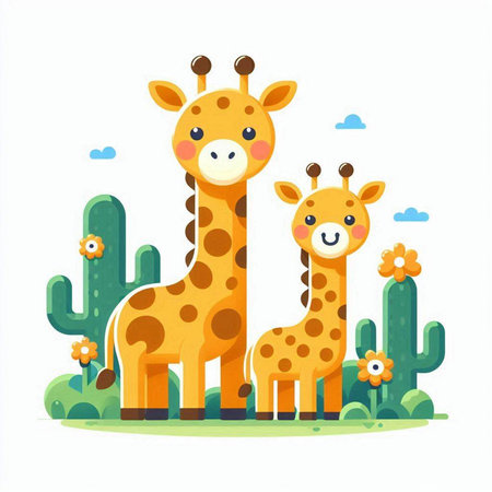 Cute cartoon giraffes and cactuses. Vector illustrationのイラスト素材