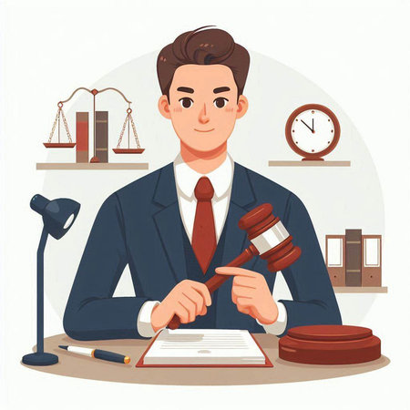 Lawyer with gavel and documents. Vector illustration in cartoon styleのイラスト素材