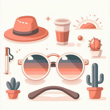 Set of sunglasses, hat, cactus and other elements. Vector illustrationのイラスト素材