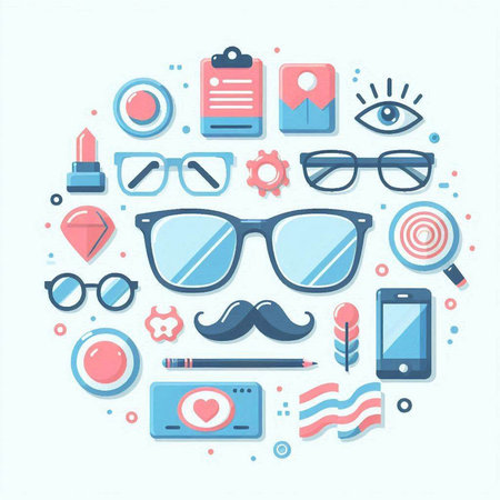Flat design modern vector illustration icons set of eyeglasses, camera, lips, heart, magnifier, eye and other objects.のイラスト素材