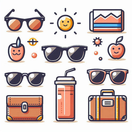 Sunglasses and travel icons set. Vector illustration in cartoon styleのイラスト素材