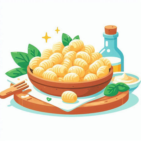 Illustration of a bowl of macaroni with basil and olive oilのイラスト素材