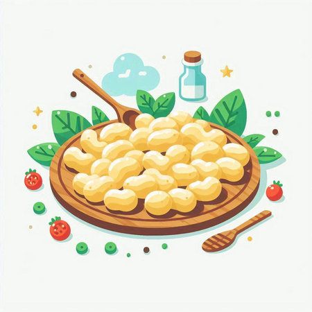 Vector illustration of gnocchi in a wooden plate with a spoon on a white background.のイラスト素材